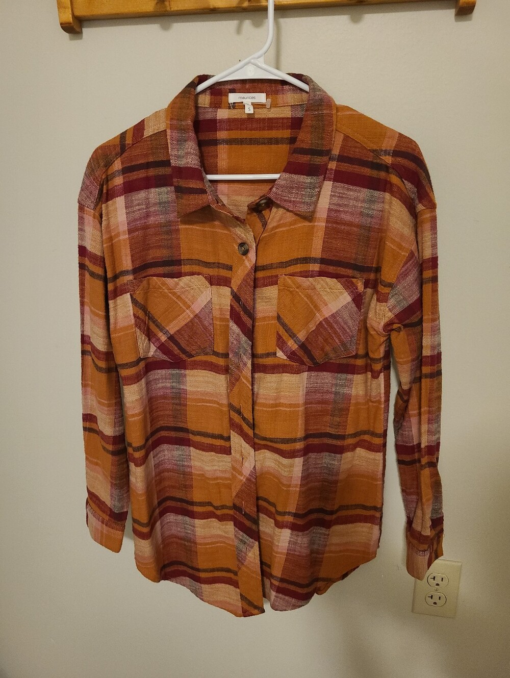 Maurices Plaid Button-Up Shirt in Mustard, Burgundy & Cream